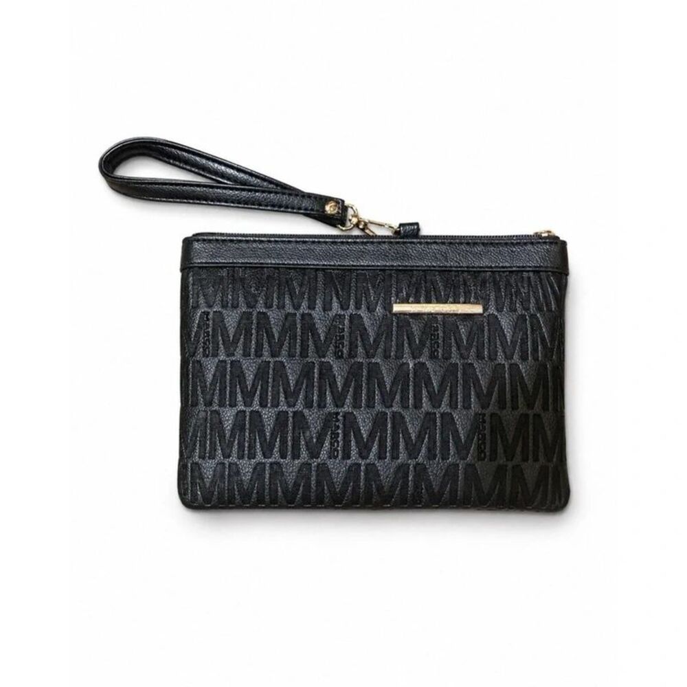 M Marco Black Monogram Wristlet Clutch Wallet 9x6 Gold Tone Strap Zip